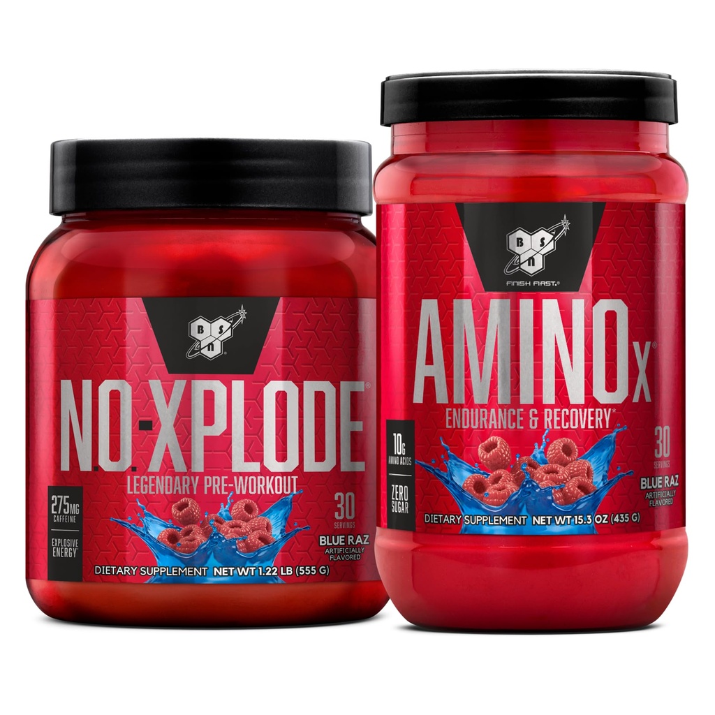 BSN Zestaw ćwiczeń NO XPLODE Wstępny trening proszku Blue Raz, 30 Służenia AMINO X Odzyskiwanie mięśni Intra Workout Wsparcie, Kofeina wolna Blue Raz, 30 Służenia