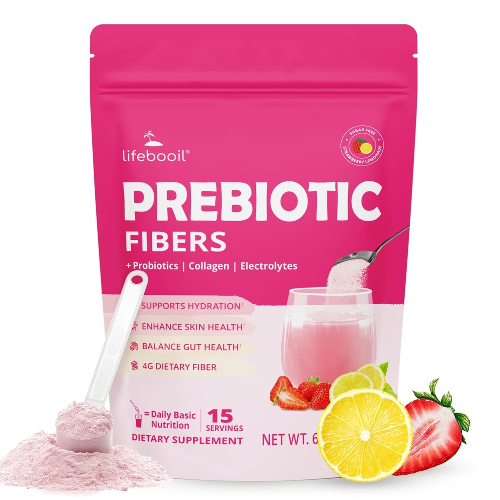 Daily Fiber Supplement for Women & Men, Fiber Powder with Probiotics, Collagen & Electrolytes- Wsparcie Digestive & Gut Health, Bloating Relief Between 124; Bez cukru, Truskawki Lemon Flavor, 15 Służenie