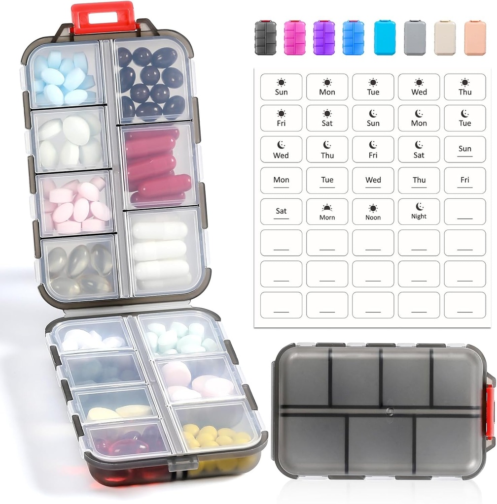 14 GRIDS Travel Pill Organizer Box z etykietami - Zestaw leków podróży Case Kit - Pocket Daily Pharmacy Container - Travel Medication Holder Dispenser for Fish Oil Supplement Supplement Storage - Clear Gray