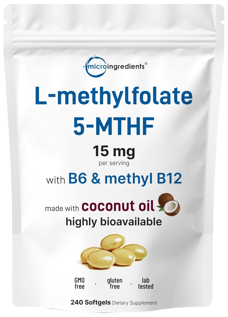 Micro Ingredients L Methylfolate 15mg, 240 Softgels By 124; Active 5- MTHF with B6 & Methyl B12 between 124; Methylowany Witamina B9 with Coconut Oil