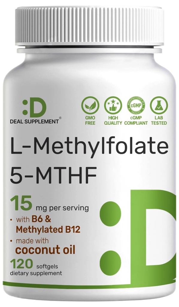 DEAL Supplement L- Methylfolate 15 mg Per Serving, 120 Softgels oleju kokosowego 124; 3- in-1 z Active 5- MTHF Methylled Witamina B9, B6 & Methylled B12 Size 124; Active Folate Supplement Equipment 124; Non-GMO, Gluten Free