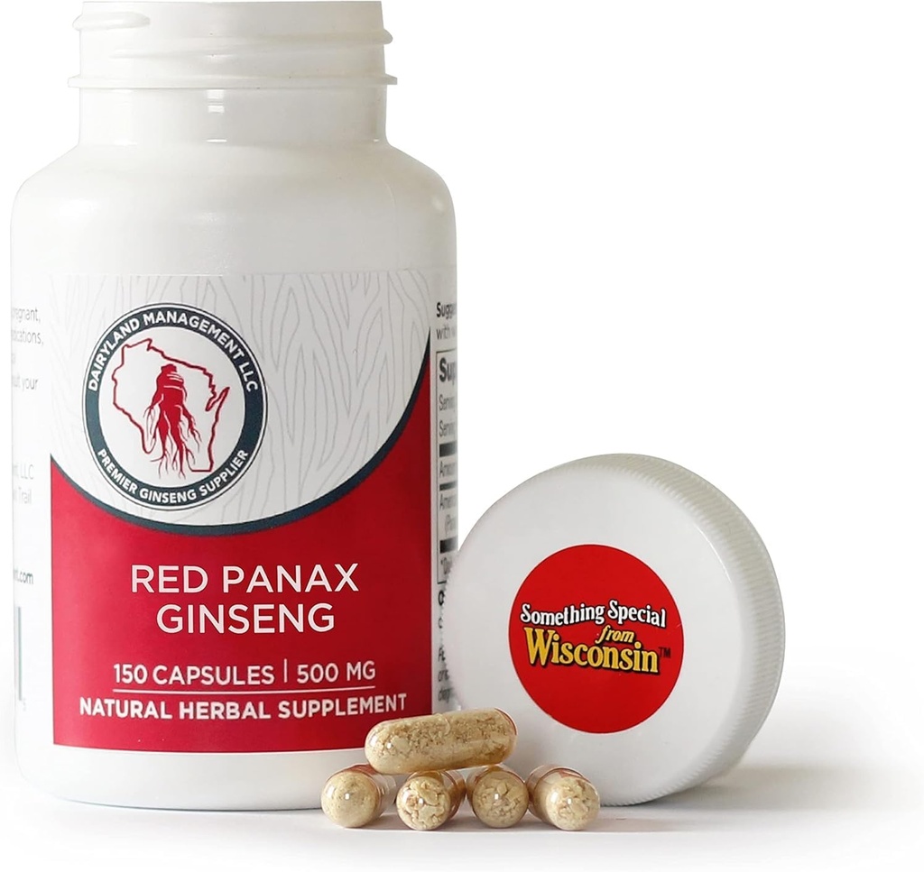 Dairyland Management LLC 100% Autentyczne koreańskie Red Panax Ginseng kapsułki -500 mg. Pothent Ground Ginseng Root Extract Powder - No Fillers, Binders lub inne dodatki. (150 ct)