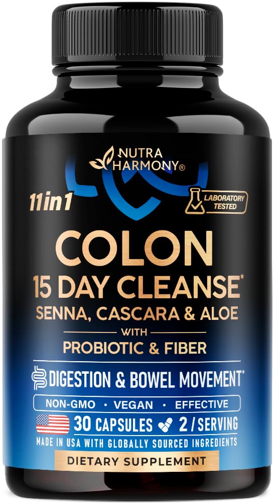Colon Cleanse - 15 Day Cleanse for Women & Men - Senna Xion124; Cascara Xion124; Garcinia Cambogia Xion124; Probiotyka & Fiber - Trawienie & Detox - Debloating & Bowel Movement - Natural & Vegan - Made in USA, 30 Kapsułki