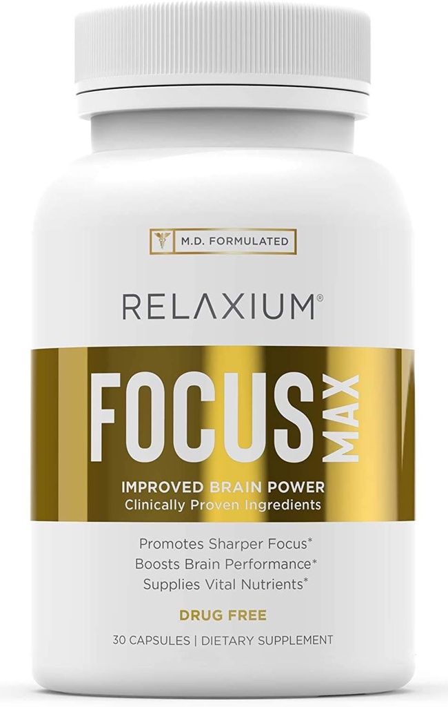 Relaxium Focus Max, Brain & Focus Health Supplement, Proven Concentration, Focus, Memory, & Nootropics Booster, M.D. Spreparowane z Huperzine, Bacopa, & More, 1- Month Supply (30 kapsułki)