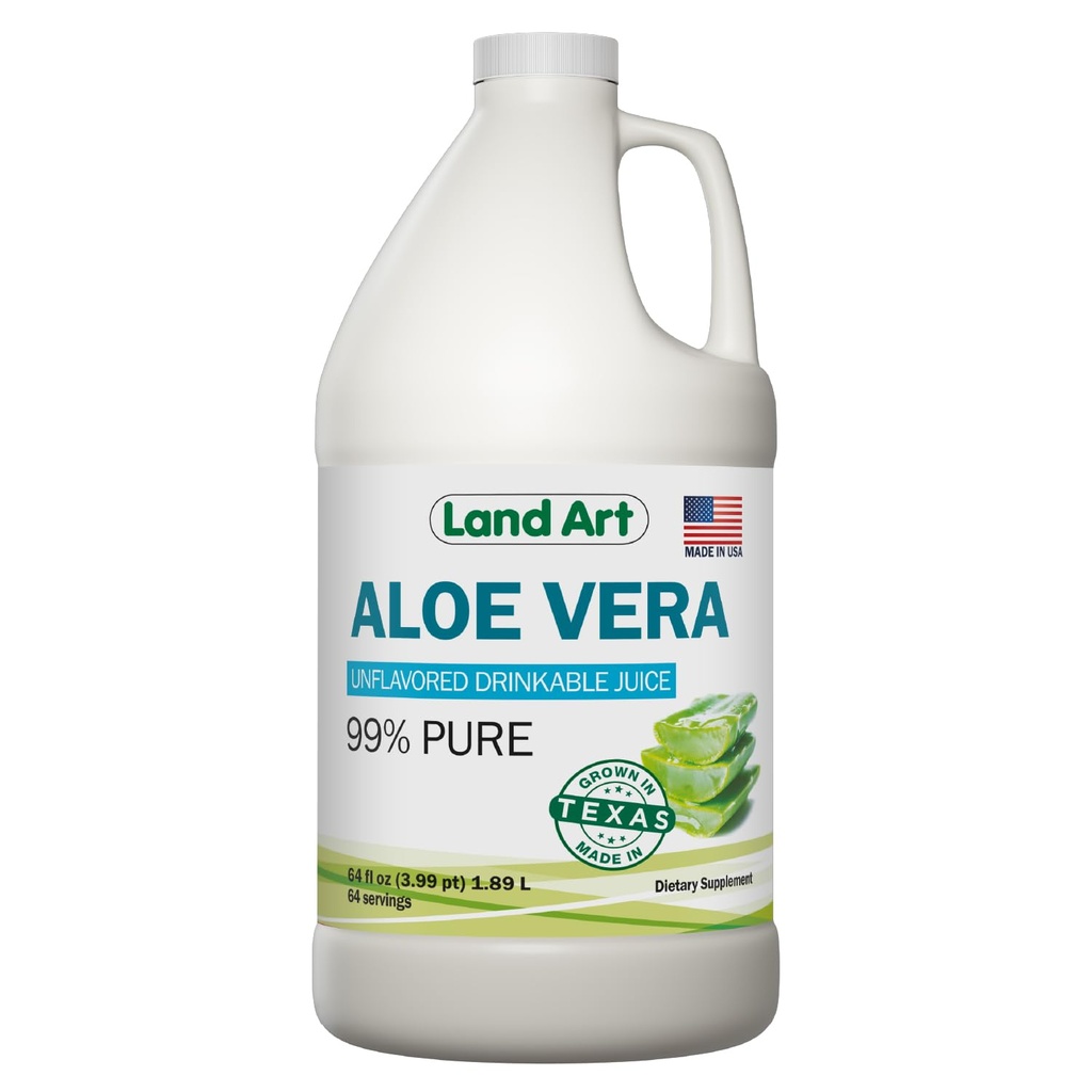 Land Art - Pure Aloe Vera Juice Unflavored - Cold- Processed - 99,7% Organic Aloe Vera Inner Filet z Fresh Texas Leaves - Detox i Natural Wellness - 64 fl oz