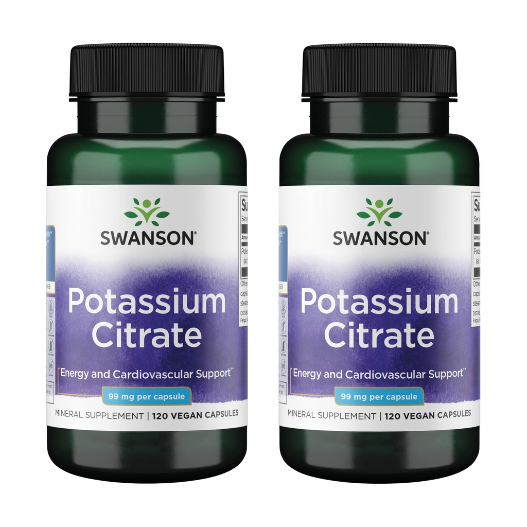 Swanson Potasu Citrate - Suplement mineralny Promowanie Heart Health & Energy Support - Pomaga optymalne Nerve & Nerki Funkcje z naturalnych składników - (120 kapsułki, 99mg każdy) (2 opakowania)