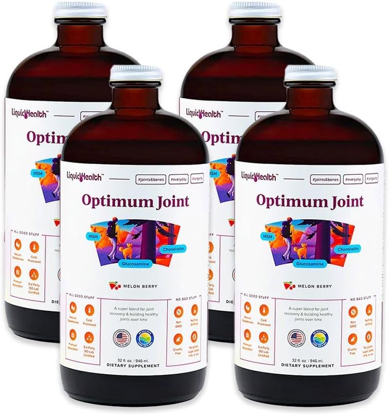 LIQUIDHEALTH Optimum Joint Support Liquid Multivitamine with Glucozamine, Chondroitin, MSM, Kwas hialuronowy - Zwiększenie mobilności, Joint Comfort, dla biegaczy i sportowców - Made in USA, Vegan (4 Pack)