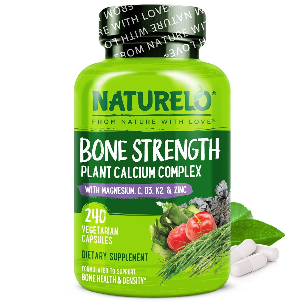 NATURELO Suplement wapnia - z witaminą C, Witamina D3, K2 i Cynk magnezowy wapnia dla kości Siła z wapnia 600mg - Na plancie, 240 Kapsułki wegetariańskie, Non-GMO, Soy & Gluten- Free