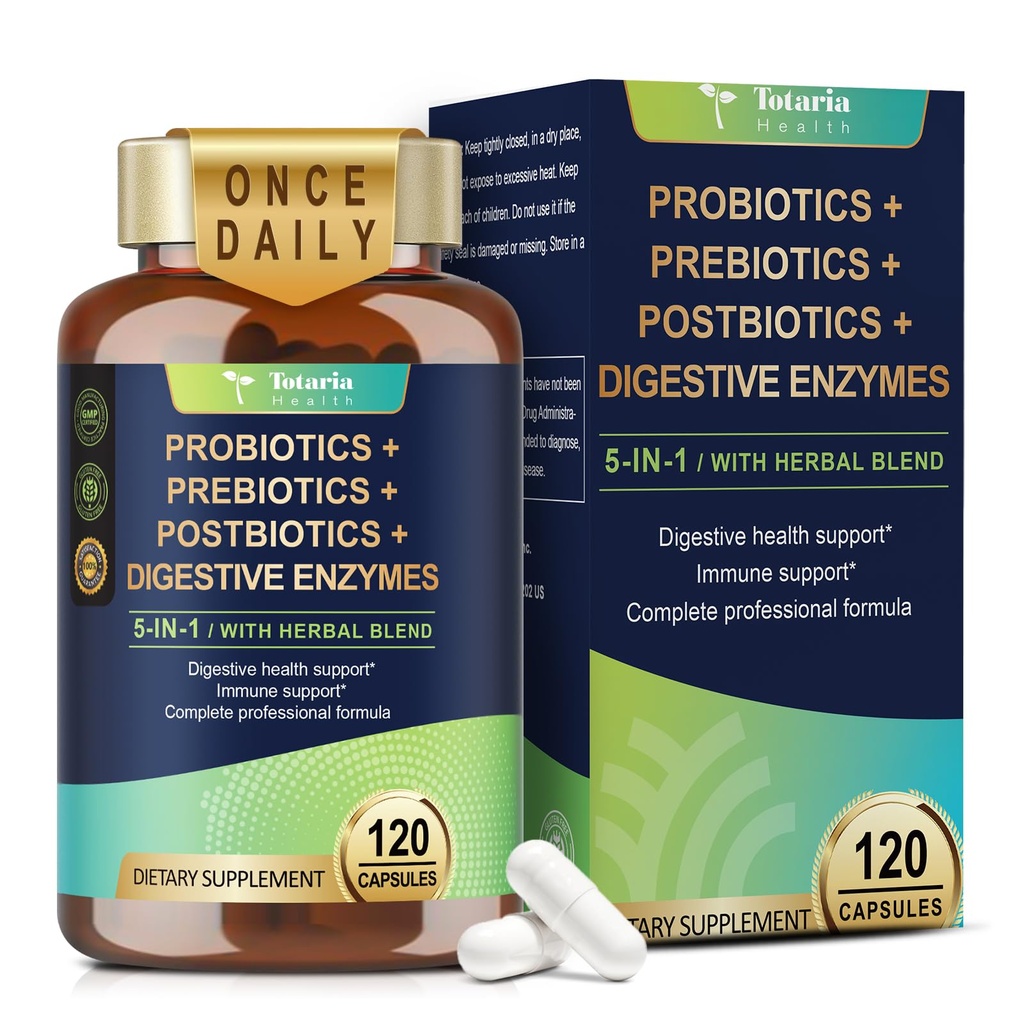 Totaria 5- in-1 60 Miliard CFU Probiotic Prebiotic & Postbiotic dla kobiet i mężczyzn, w / Enzymy trawienne, Śliski Elm, Daily Complete Gut Health, Digestive & Immune Support, 4 Supply Month, Wegan