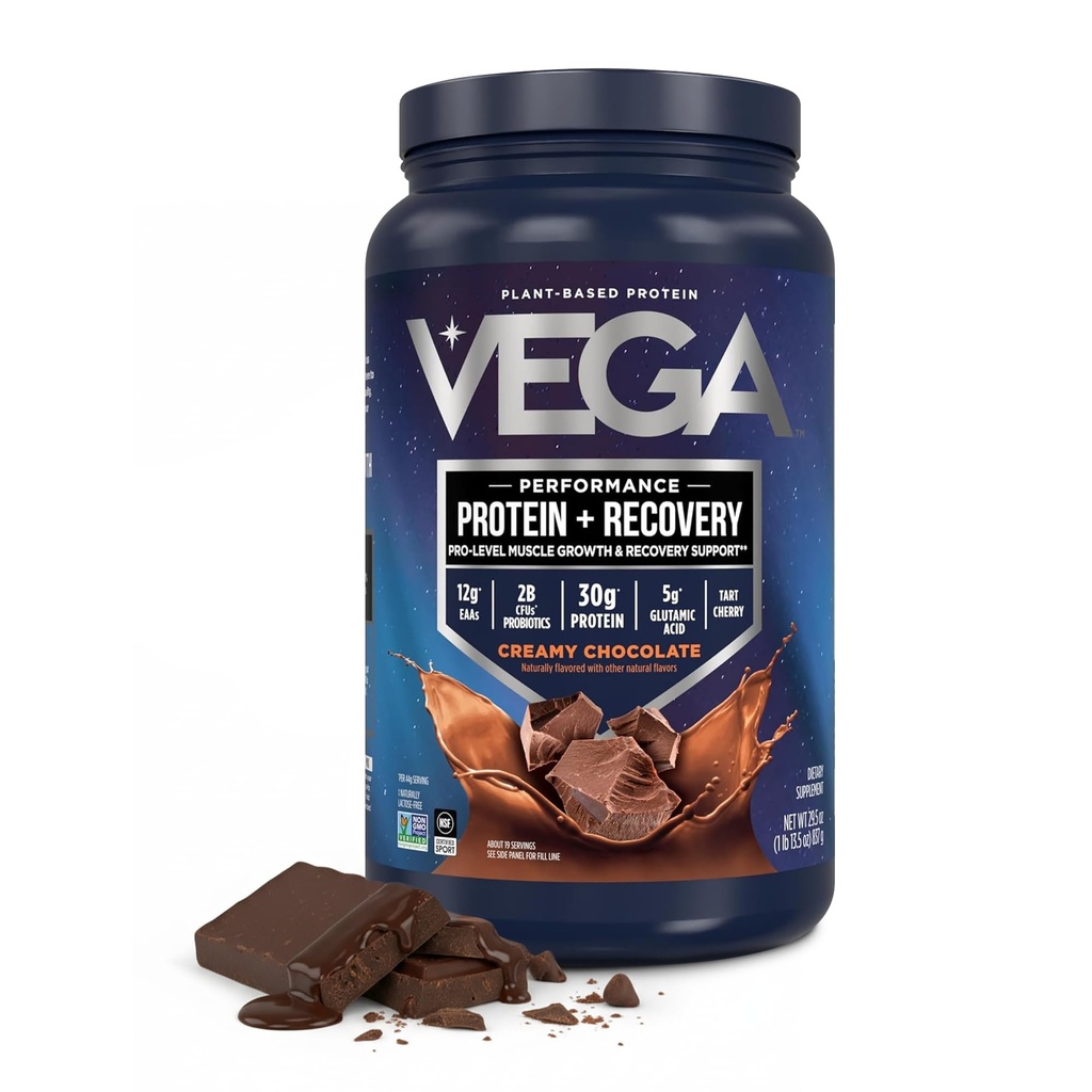 Vega Sport Vegan Protein Powder + Odzysk - 30g Białko roślinne na Serving, Czekolada, 19 Służenia, 5g BCAA, Probiotyki, NSF Certified, Dla Shakes & Smoothies, 1.8lbs (Packaging May Vary)
