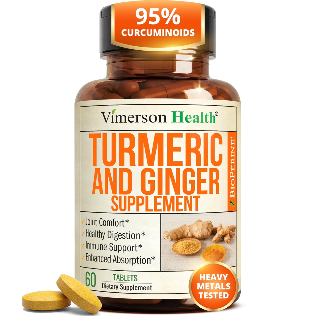Turmeric and Ginger Supplement with Organic Tumeric for Daily Joint Support, Digestive & Immune Health – with Ginger & Black Pepper Extract (BioPerine) for Enhanced Absorption – Non-GMO – 60 Tablets
