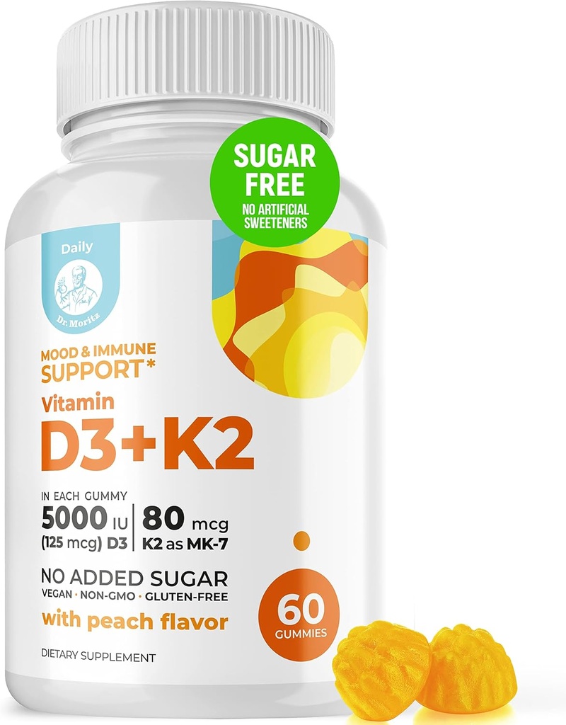 DR. MORITZ Vitamin D3 Gummies (5000 IU) with K2 - for Adults and Kids - Vitamin D3 K2 Gummies for Immune Support & Bone Health - Vegan, Sugar Free, Gluten Free (60 Count)
