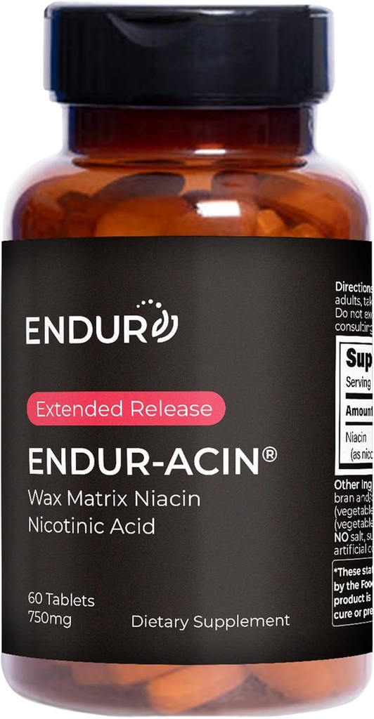 Endurance Produkty ENDUR- ACIN, Rozszerzone uwalnianie Niacyny do optymalnego wchłaniania i spłukiwania Niacyna, Premium witaminy B3 Suplementy niacyny, 750mg, 60 Tabletki