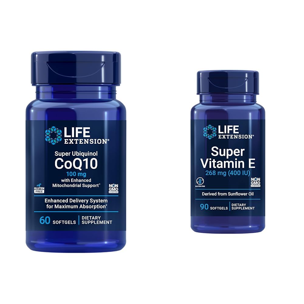 Life Extension Super Ubiquinol CoQ10 Heart Health Cellular Energy 60 Softgels and Super Vitamin E 268mg Immune & Brain Health 90 Softgels Bundle