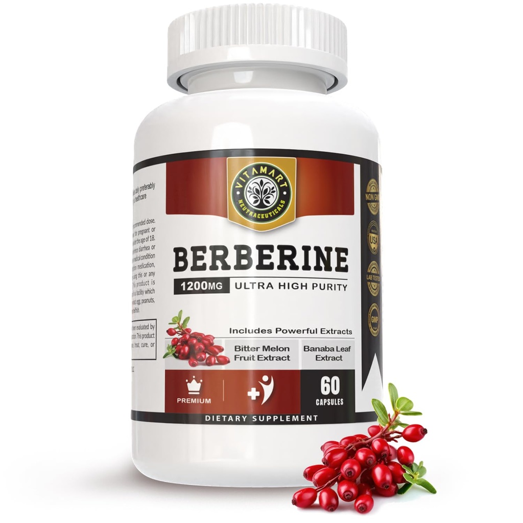 Berberine HCL 1200mg Premium, Ultra High Pure, Pure 60 Kapsułki - Suplement berberyński, Wspomaganie układu immunologicznego, Berberine Plus Wzmocnione z Bitter Melon Fruit & Banaba Leaf Extract