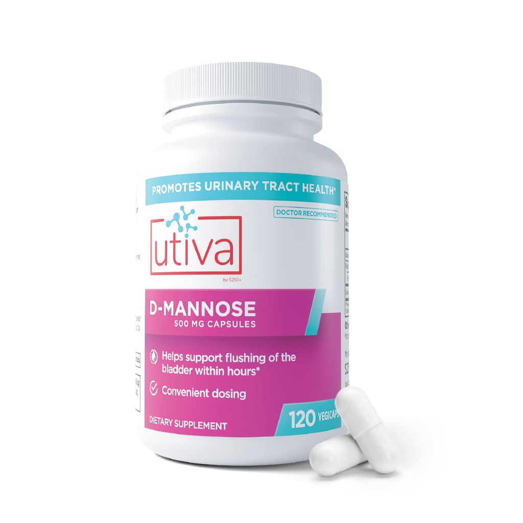 Szio + Utiva D- Mannose 500 mg kapsułki - naturalnie Flush The Bledder i Trakt moczowy - UTI Unikanie - D Suplementy mannosowe dla kobiet - Wspiera leczenie dróg moczowych, 120 Kapsułki