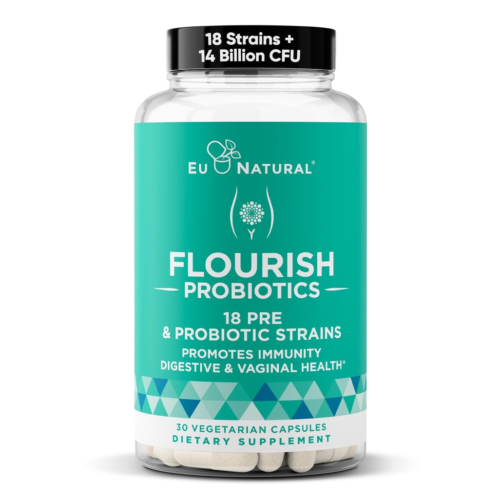 Fluurish Probiotyki + Prebiotyki dla Kobiet - Gut i trawienie, Trakt moczowy, Zmniejszanie wzdęcia, Zdrowie pochwy - 18 Klinicznie Proven Strains, 14 Miliard CFU - 30 Shelf- Stabilne Mini Kapsułki Vegan