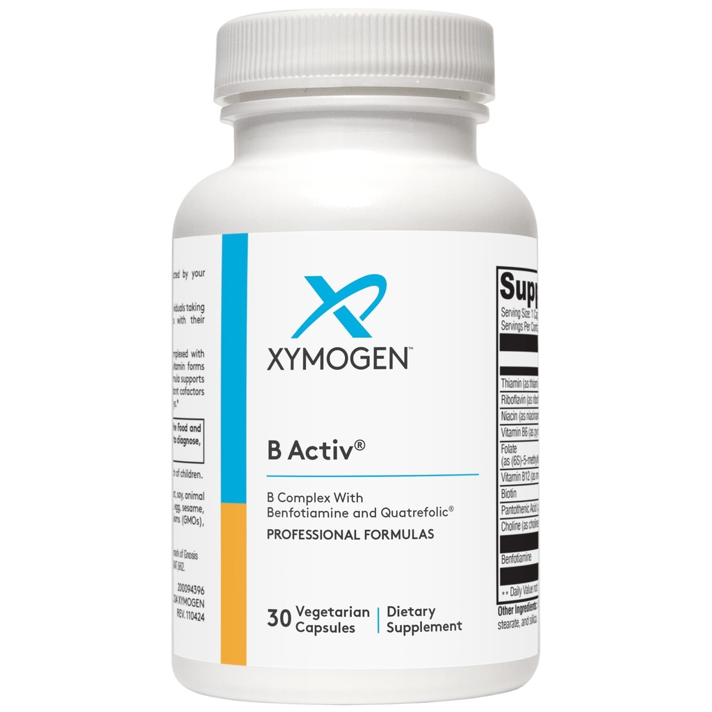 Xymogen Witamina B Kompleks - B Activ - Aktywowane Witaminy B z benfotiaminą i Quatrefluc - Wsparcie funkcji nadnerczy i immunologicznej + Zdrowy układ sercowo-naczyniowy i nerwowy (30 kapsułek)