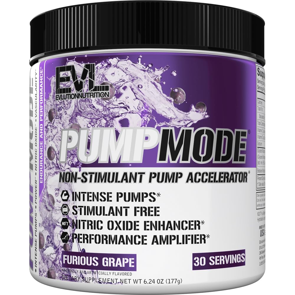 EVL PumpMode Nitric Oxide Supplement - Nitric Oxide Booster Pump Pre Workout Powder with Glycerol and Betaine for Muscle Recovery Growth and Endurance - Stim Free Pre Workout Drink (Furious Grape)