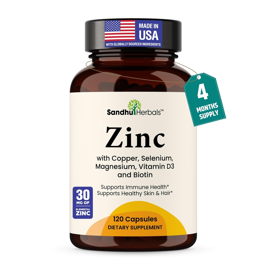 Zinc 30mg With Copper, Selenium & Vitamin D3 | 120 Capsules | Magnesium, Vitamin B6, Biotin | Absorbable Zink Supplements for Men & Women | Chelated Zinc for Immune Health, Skin, Hair, & Nails Support