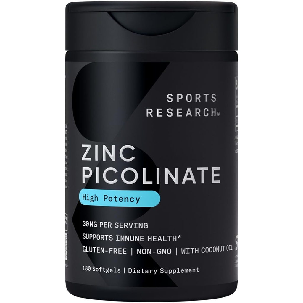 Sport Badania wysokiej mocy Pikolinian cynku 30mg z organicznym oleju kokosowego 124; Wysoko wchłanialny suplement cynku dla zdrowej funkcji immunologicznej i enzymatycznej - nieGMO Tested & Gluten- wolne (180 Softgels płynnych)