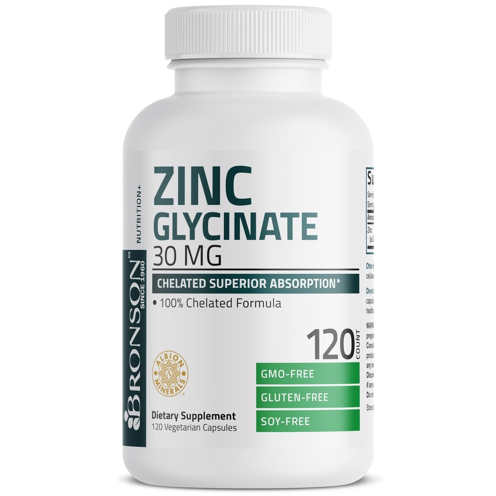 Bronson Cynk Glicynian 30 mg Chelated Superior Wchłanianie 100% Chelated Formuła Non-GMO, 120 Kapsułki wegetariańskie