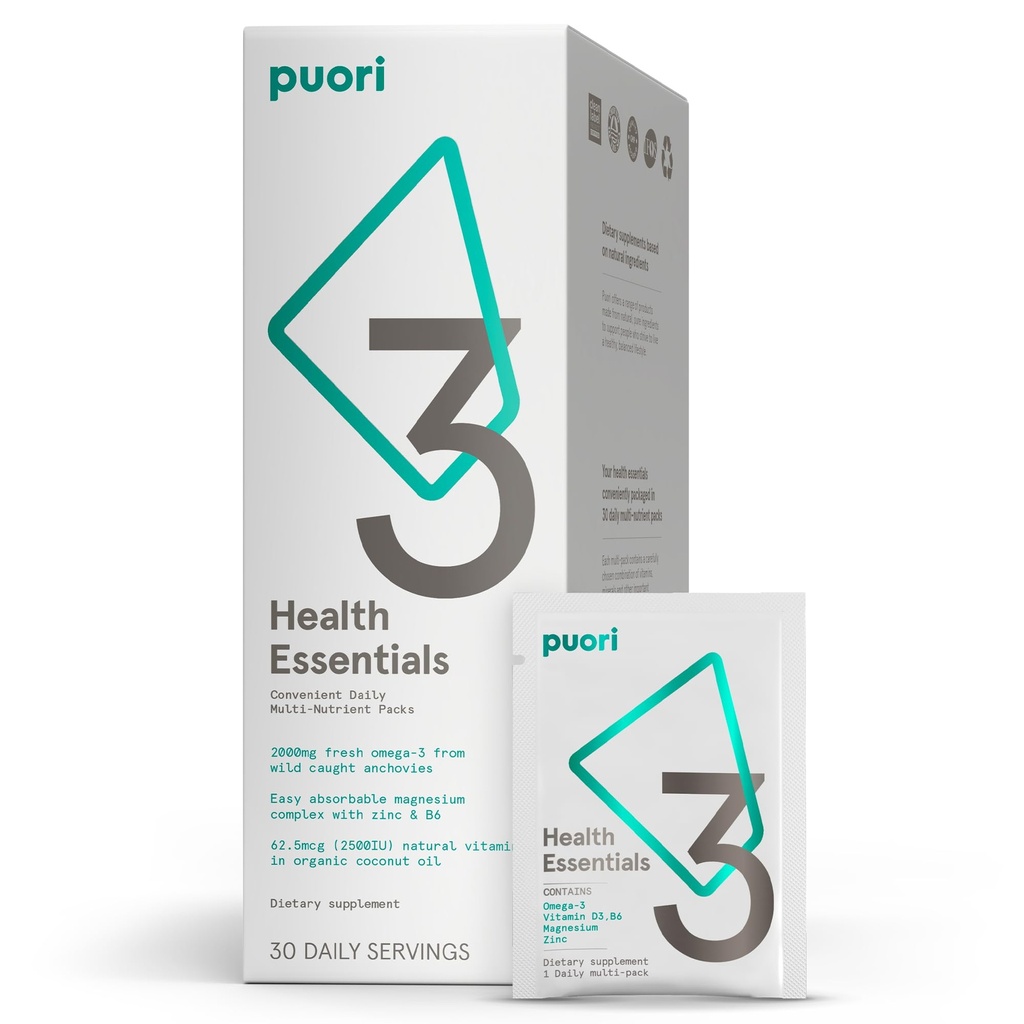 Puori P3 Health Essentials - Multiwitaminy dla mężczyzn i kobiet - 30 Sług - Omega 3, Witamina D, Magnez, Cynk - Wieloskładnikowy dla Mózgów i Energii