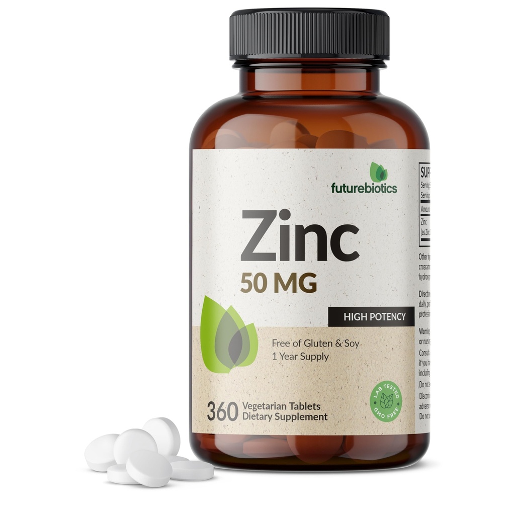 Futurebiotyki Cynk 50 MG Wysoka potencja, 1 Rok dostaw - Non-GMO 360 Tabletki wegetariańskie
