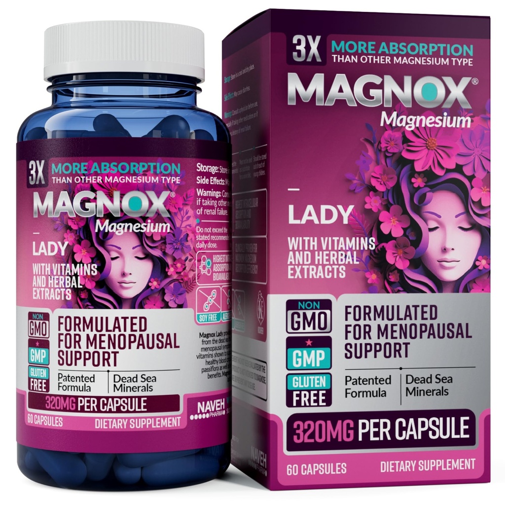 MAGNOX Lady Magnezu Supplement DEVE 124; Menopauza i PMS Supplement Supplement for Women EVE 124; Magnez Complex with Vitamin B6, B1, B12, D, Cynk EVE 124; High- Absorption Dead Sea Organic Magnezu EVE 124; 60 Kapsułki