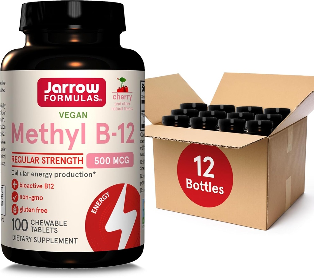 Jarrow Figures Regularna Siła metylowa B- 12 500mcg, Suplement diety do produkcji energii komórkowej i wsparcia zdrowia mózgu, 100 Cherry- aromatyczne tabletki do żucia, 100 Day Supply, Opakowanie po 12