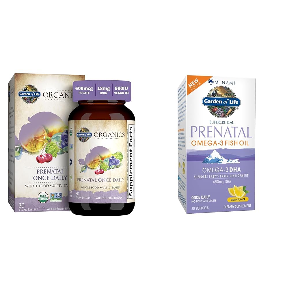 Garden of Life Organics Prenatal Vitamin Folate Energy Healthy Fetal Development Bundle with Minami Natural Prenatal DHA Omega 3 Fish Oil