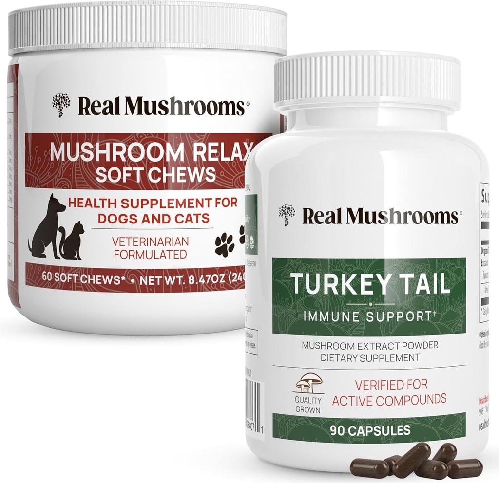 Prawdziwe Grzyby Indyk Ogon dla ludzi (90ct) & Grzyb Pet Relax Chews (60 Chews) - Paleta dla odporności i relaksacji - Wegan, Non-GMO, Gluten- Free, Grain-Free Mushroom Extract Suplementy
