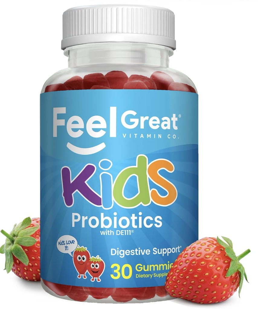Feel Great USDA Organic Kids Probiotics Gummies Nether124; Chewable Truskawki Probiotyki dla Digestive Health & Immune Support Netherlands 124; Plant Based Probiotic & Prebiotic for Kids Nether124; 30 Count