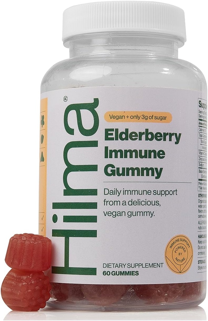 Hilma Elderberry Gummies Formulated with Vitamin C & Zinc, Natural, Vegan, Clinically Proven Ingredients, Immune Support Supplement Plus Antioxidants,Natural Berry Flavor (60 Gummies)