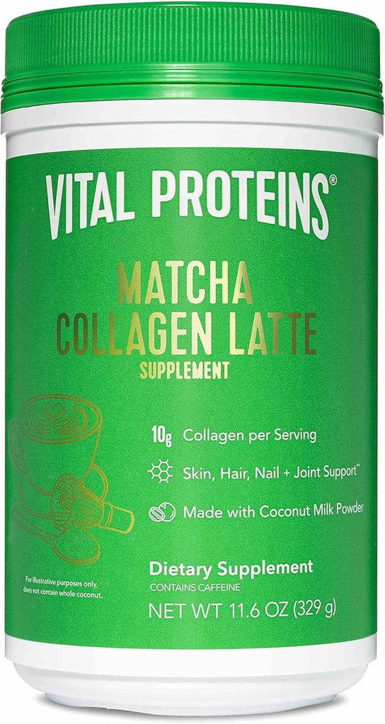 Vital Proteins Matcha Lattes, Matcha Green Tea Collagen Latte Powder, L-Theanine & Caffeine & MCTs - Supporting Healthy Hair, Skin, Nails - Original