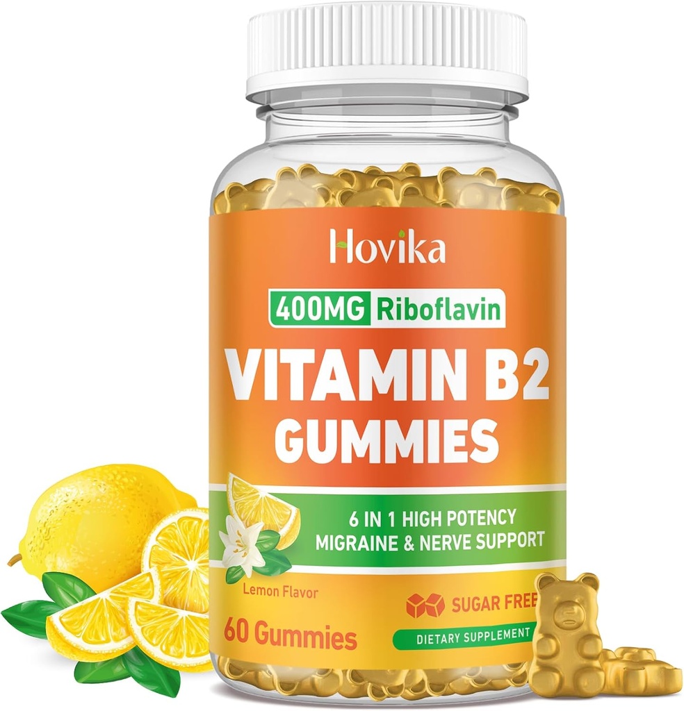 Witamina B2 Gummie Riboflavin 400mg Suplement dla mężczyzn i kobiet - Czysty magnez, Ashwagandha, CoQ10, Omega 3, Witamina B12 - Migrena Relief & Energy, Wsparcie systemu nerwowego - Bez cukru, 60 Hrabia