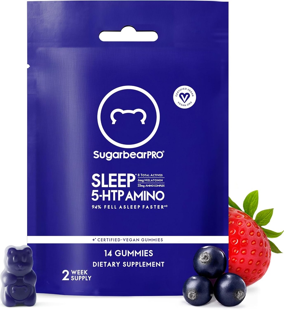 SugarBearPro Sleep Gummy 14 Day Supply, Dodatkowa siła Melatonina 6 mg, dla mężczyzn i kobiet, Witamina Wegańska B6, L- Theanine, 5 HTP, Valerian, Pomoc snu dla dorosłych i nastolatków, Certyfikowany koszer