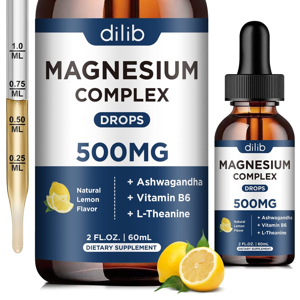 Magnezu Glicynian krople płynne, Triple Magnezu Complex Suplement z cytryną, Malate 500mg Ashwagandha, L- Theanine, Witamina B6 do snu, Spokój, Stress Relief, Kości, Mięśnie, Mood - Lemon Flavor