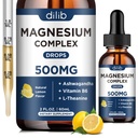 Magnezu Glicynian krople płynne, Triple Magnezu Complex Suplement z cytryną, Malate 500mg Ashwagandha, L- Theanine, Witamina B6 do snu, Spokój, Stress Relief, Kości, Mięśnie, Mood - Lemon Flavor