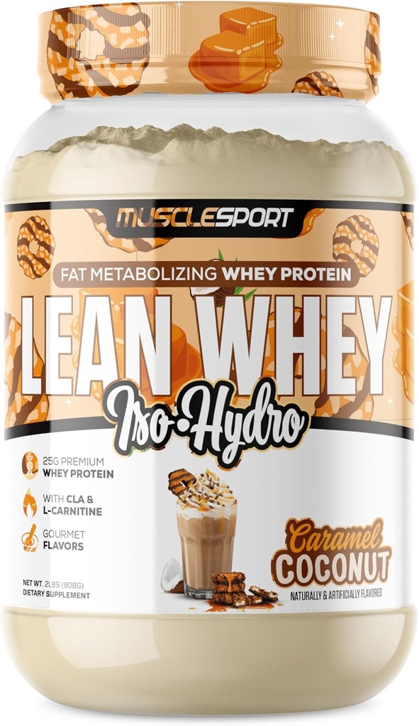 Musclesport Lean Whey Revolution ™ Protein Powder - Izolat białka serwatki - Low Calorie, Low Carb, Low Fat, Incredible Flavors - 25g Protein per Scoop (2LB, Coconut Carmel)