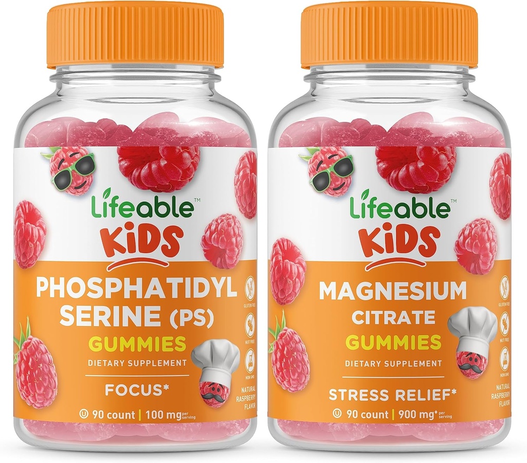 Żywa fosfatydyloseryna (PS) Dzieci + Magnezu Dzieci, Gummies Bundle - Great Desting, Suplement witaminy, Gluten Free, GMO Free, Gummy do żucia