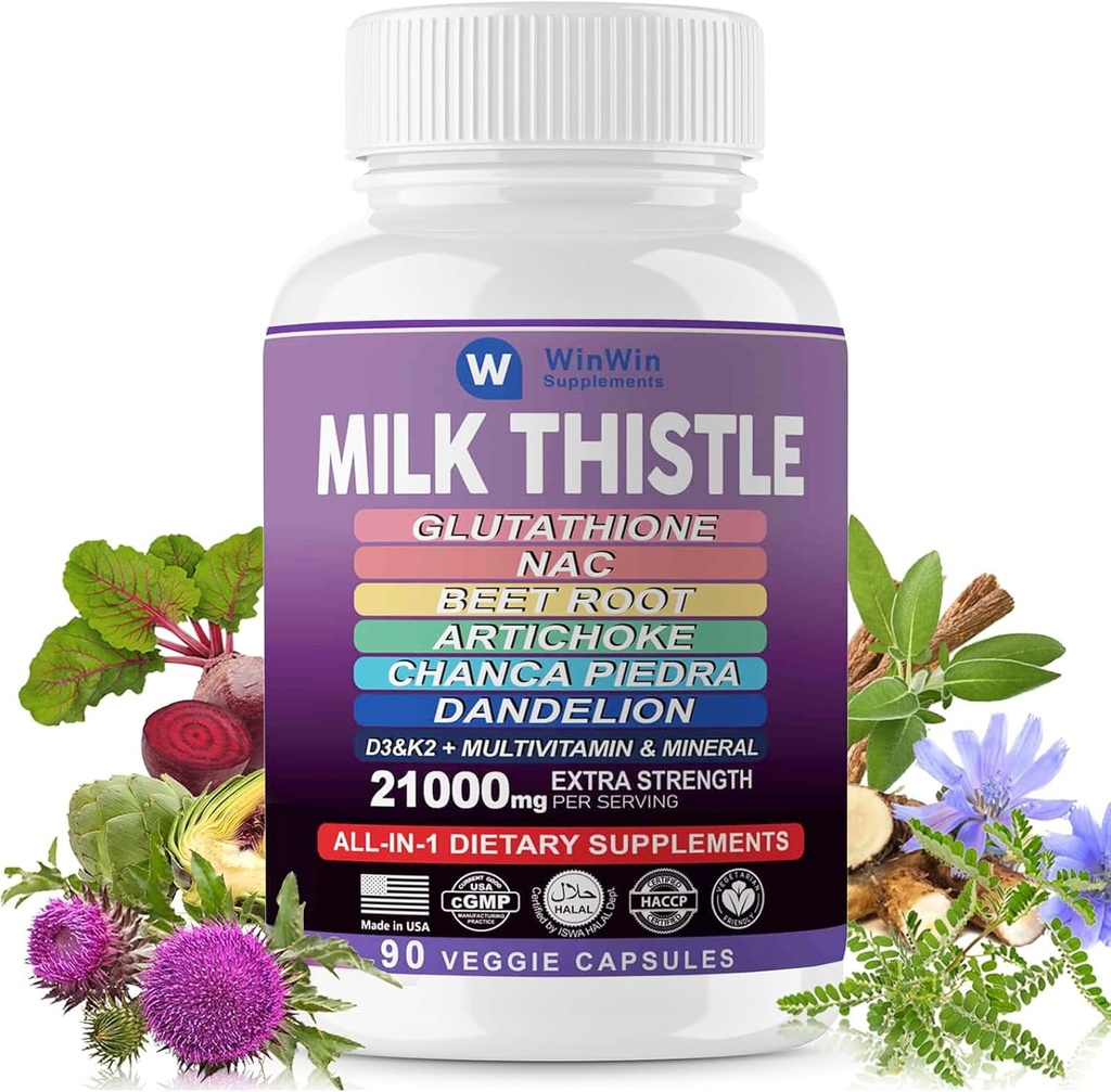 Suplement Thistle Milk 15000mg Organic Artichook Chanca Piedra Dandelion Liver Protection Supplement zawiera Glutathione NAC Beetroot Powder D3 & K2 witaminy Mineral (29- IN-1) Made In USA
