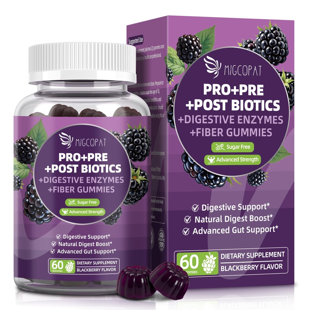 Migcopat Pre Post Probiotyki Gumie, Probiotyczne Prebiotyczne Postbiotyczne Enzymy Postbiotyczne z włóknem włóknistym, 120 Miliard CFU Probiotyki Kompletne Support Gut, Sugar Free, Wegan, BlackBerry Flavor, 60 Cts
