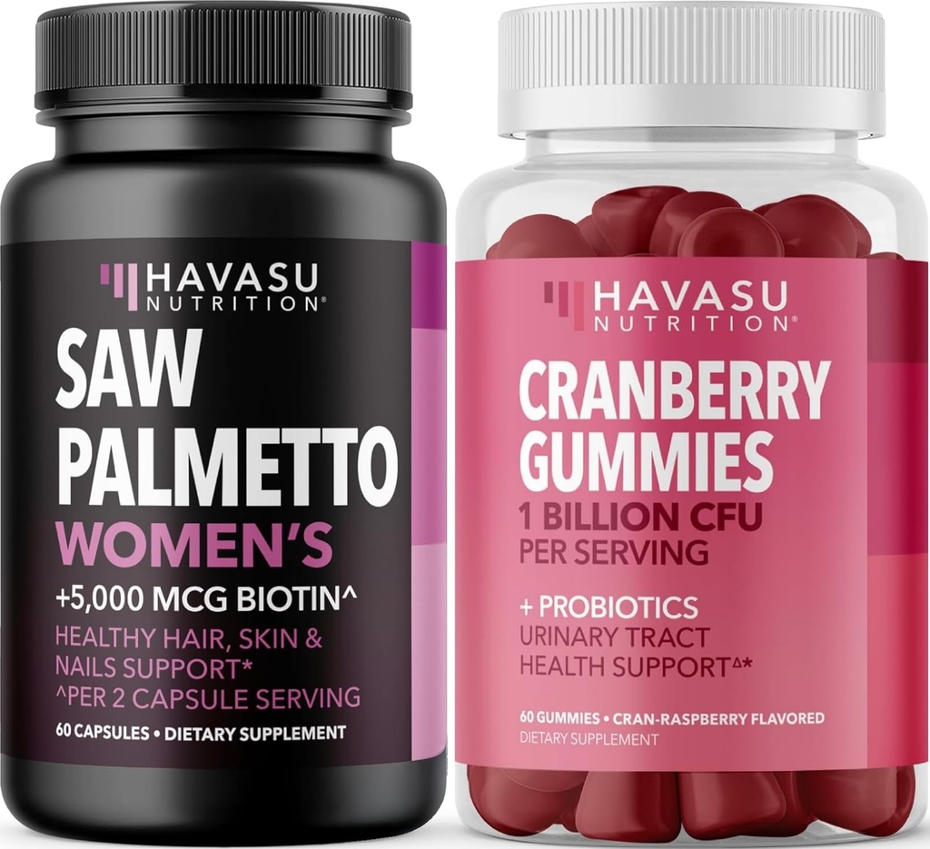 HAVASU NUTRITION Probiotic Cranberry Gummies for Women (30 Servings) & Saw Palmetto for Women Hair Complex (30 Servings)