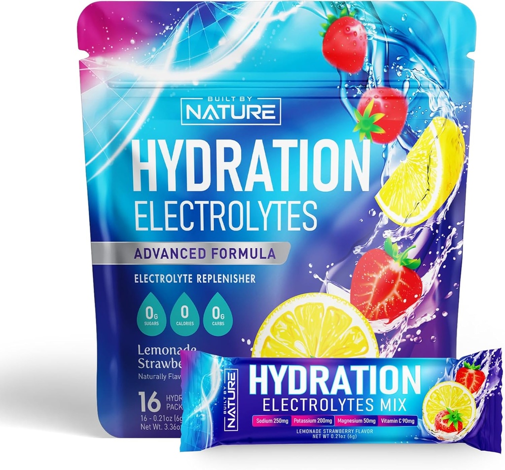 Elektrolity w proszku Pakiety nawadniające - Potas, magnez, wapń, witamina C i cynk - Bez cukru, Keto, Nie GMO i Wegan - Lemoniada truskawkowa - 16 Sticks