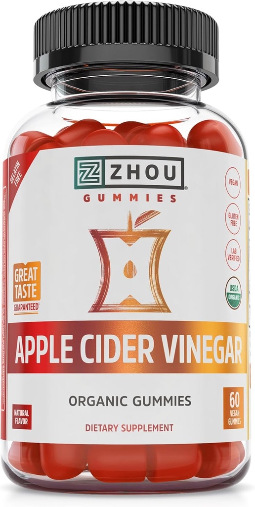 Zhou Jabłko Cydr Gummies Ocet - ACV Gummies dla kobiet i mężczyzn z Elderberry, Pyszny smak z surowym cukrem trzciny cukrowej, USDA Organic - 60 Wegan Gummies