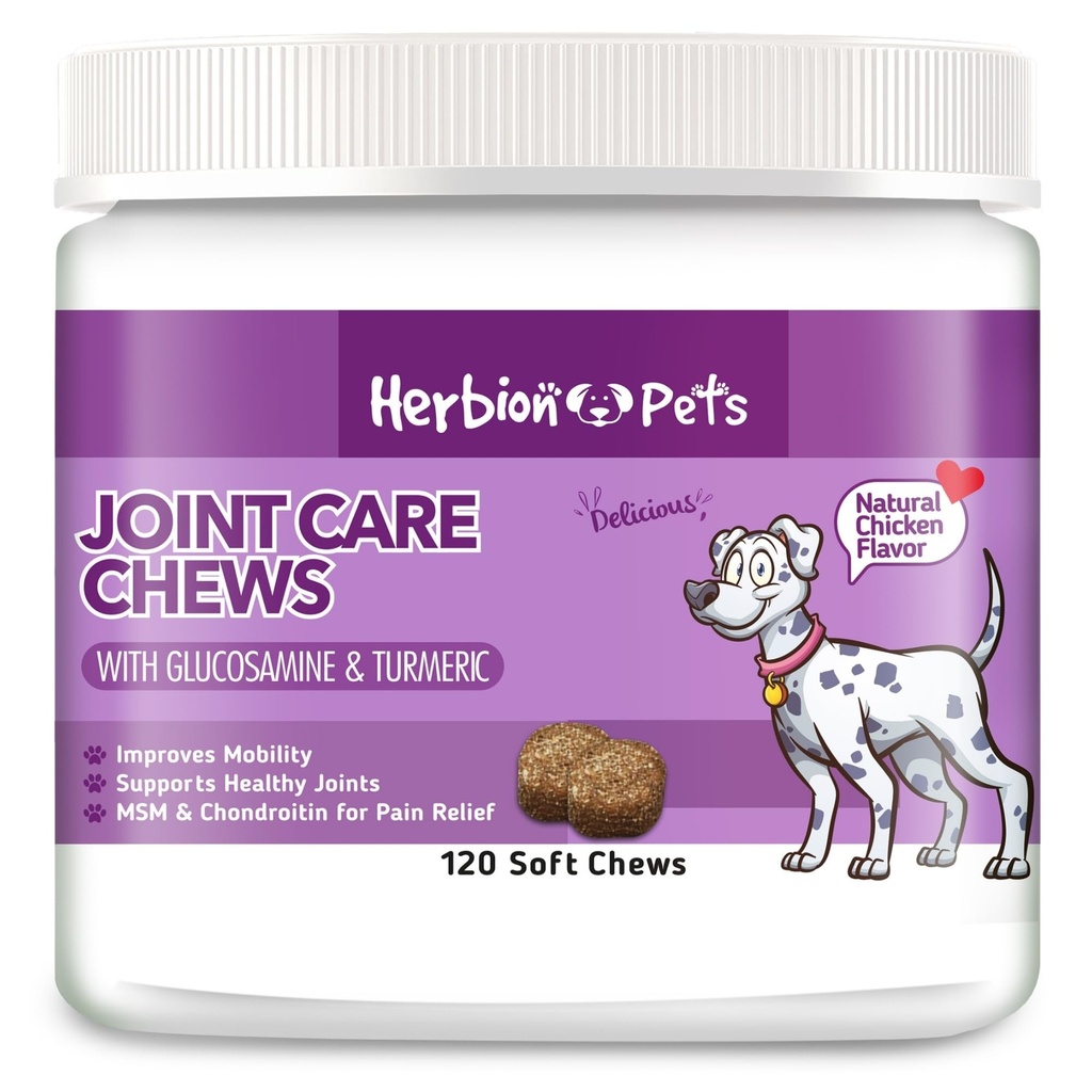 HERBION Pets Joint Care Chews with Glucosamine & Turmeric, 120 Soft Chews, MSM & Chondroitin for Pain Relief, Improves Mobility, Supports Healthy Joints, Made in USA, for Dogs 12 Weeks+, Pack of 1