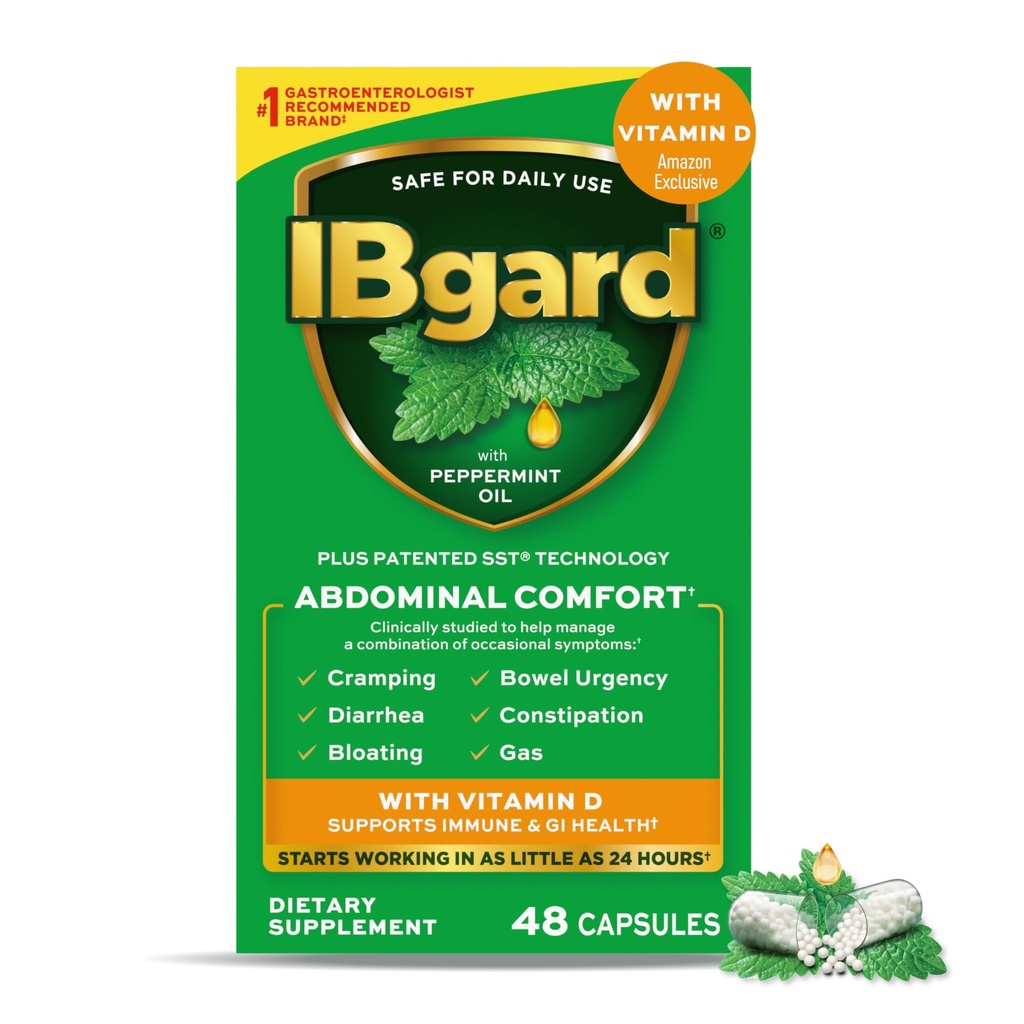 IBgard Z witaminą D, Peppermint Oil Kapsułki, Wspiera immunologiczne i GI Zdrowie, 48 Kapsułki (ekskluzywne)