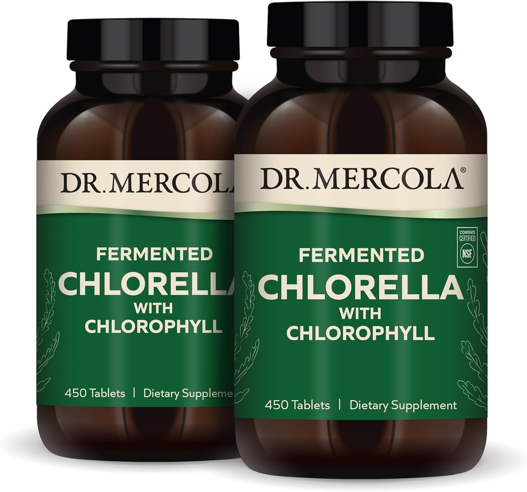 Dr. Mercola Fermented Chlorella z chlorofilem, 90 Służenia (450 Tablets), 2 Butelki, Suplement diety, Wspiera zdrowie immunologiczne i narządów, Nie GMO, NSF Certified