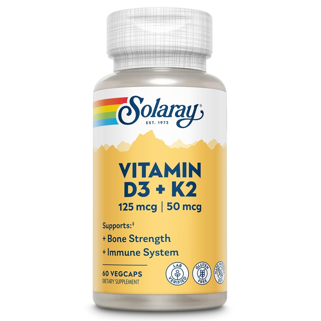 SOLARAY Witamina D3 K2 - Supplement Bone Health and Immune Supplement - z 5000 j.m. Witamina D jako VIT D3 i 50 µg Witamina K2 jako Menochinon MK7, Made Without Soy, 60- Day Guarantee, 60 Serv, 60 VegeCaps